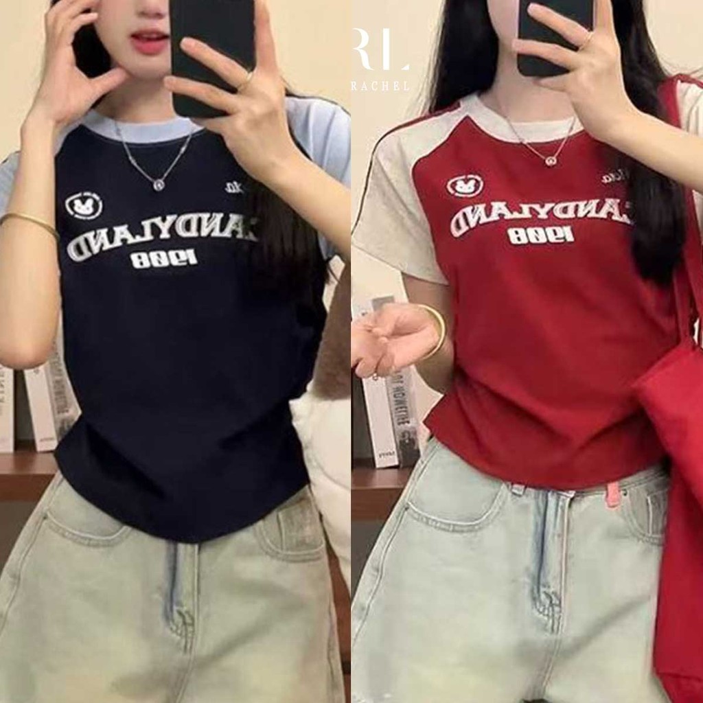 เสื้อยืดแขนสั้น ผ้าฝ้าย ทรงสลิม สีตัดกันเก๋