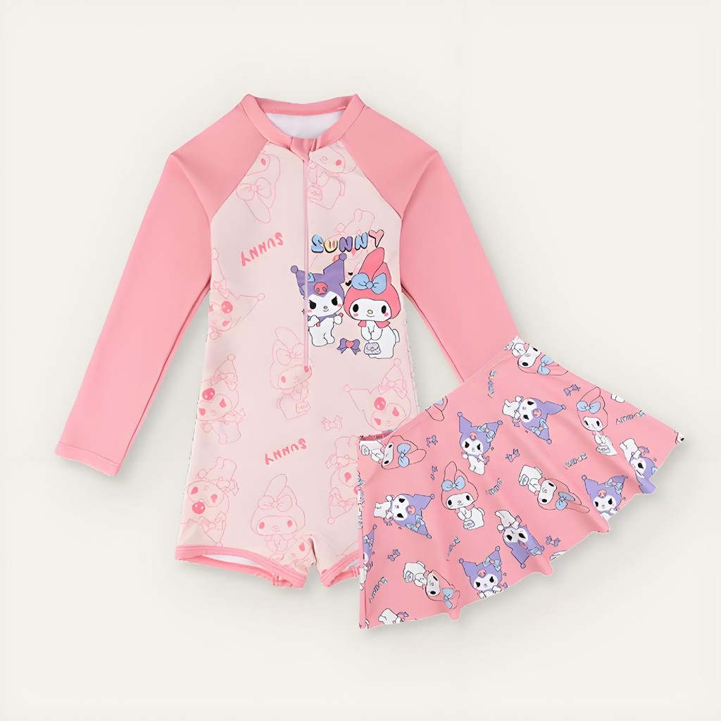 3ชิ้นเด็กทารกน่ารักการ์ตูนพิมพ์แขนยาวชิ้นเดียวชุดว่ายน้ํา+กระโปรง+หมวกว่ายน้ํา