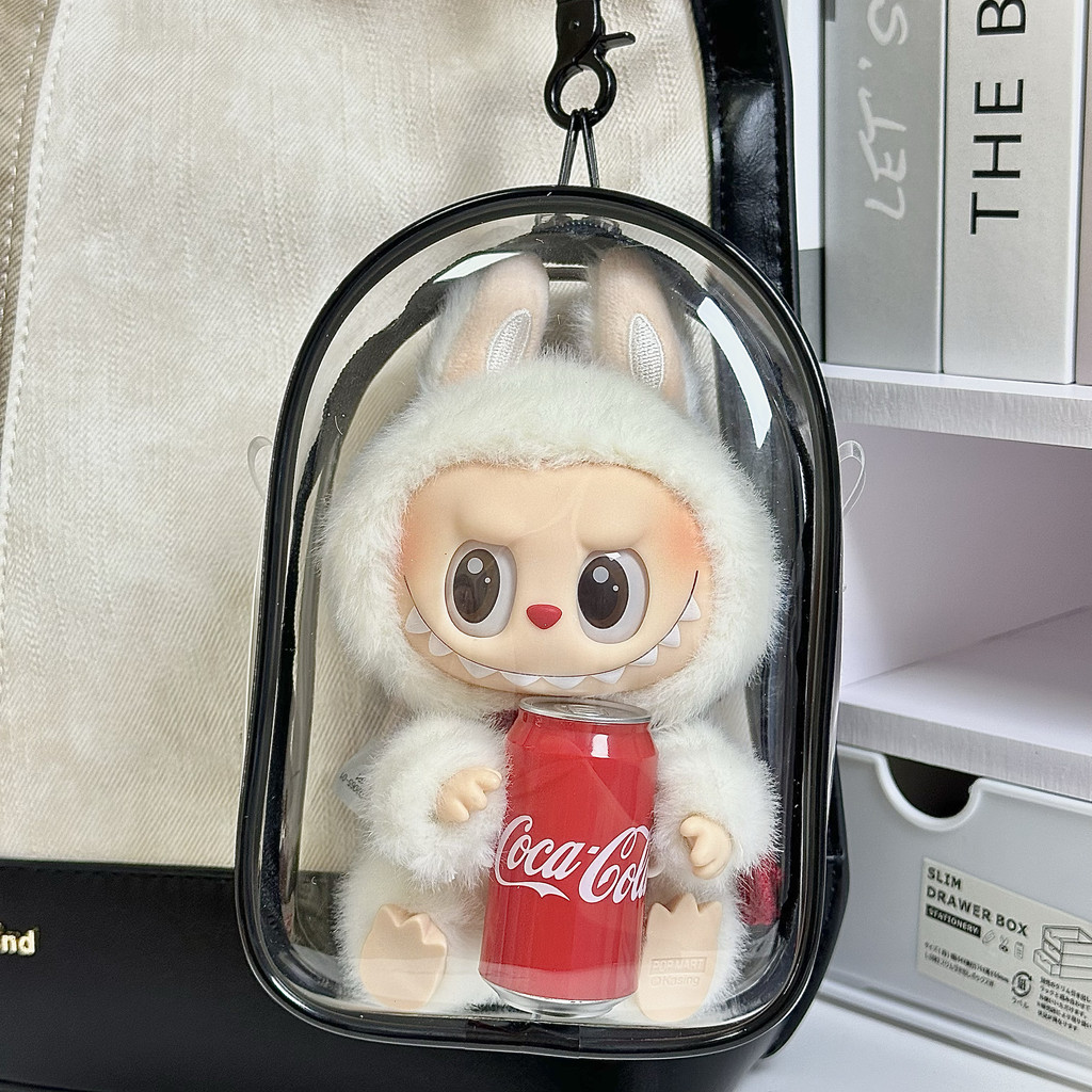 15 ซม./17cmlabu Coca-Cola ไวนิลป้องกันกรณี Labubu Macaron นั่งปาร์ตี้ผ้าฝ้ายตุ๊กตาโปร่งใสกระเป๋า