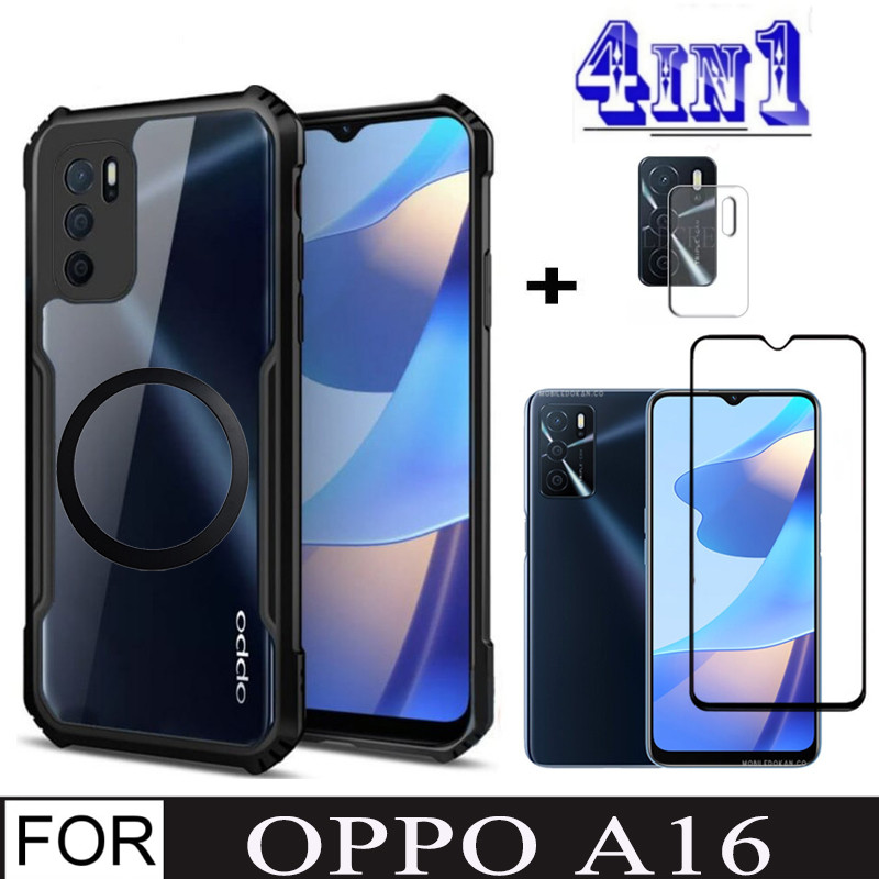 4in1 OPPO A16 เคสโทรศัพท์กันกระแทกสําหรับ OPPO A18 A38 A17 ฟิล์มกระจกนิรภัย + พร้อมสติกเกอร์ชาร์จไร้สายแม่เหล็ก