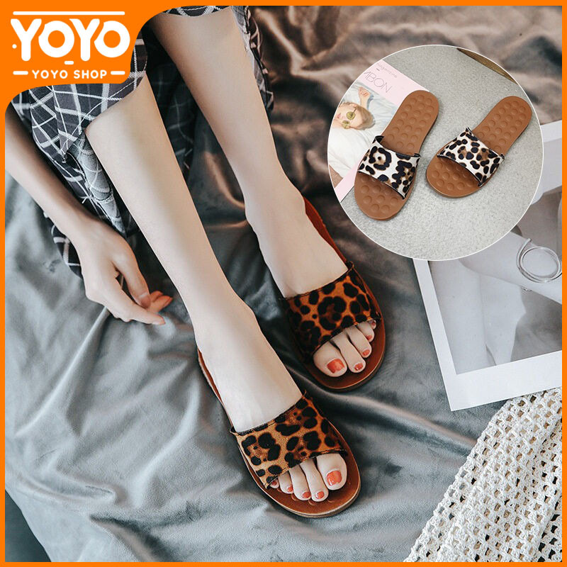 YOYO รองเท้าใส่ในบ้านพิมพ์ลายเสือดาว โบว์สวย รองเท้าสตรีสไตล์เกาหลี ใส่สบาย จัดส่งฟรี