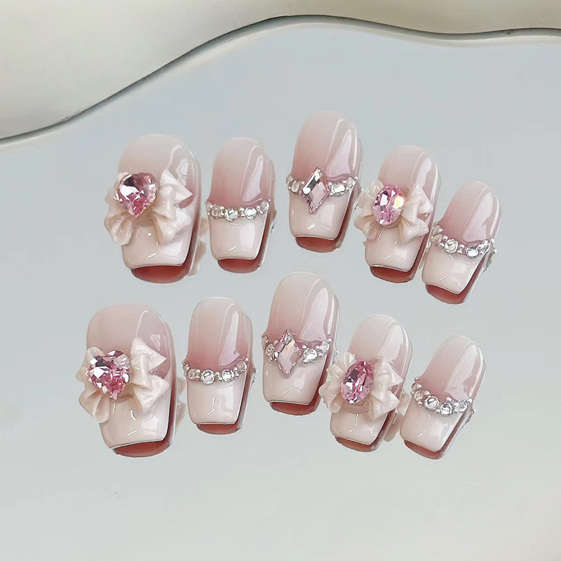 โซโปฮีรา เล็บปลอมริบบิ้นสีชมพูออกแบบรูปสี่เหลี่ยมคางหมูขนาดกลางสาวน่ารักกดบนเล็บด้วยกาว