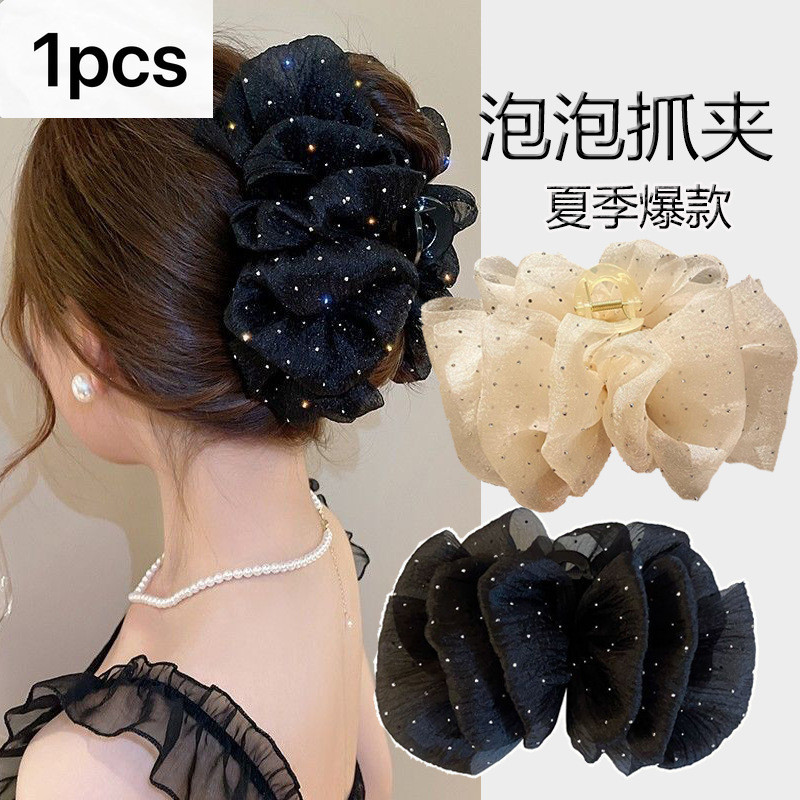 2025 High-End Diamond-Studded Gauze Double-Sided Bow Grab Clip Classy All-Match Hair Shark Clip