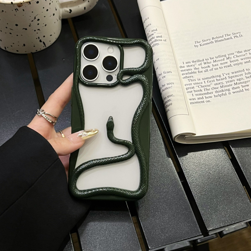 3d hollowed OUTงูรูปสีเขียวเข้มเคสโทรศัพท์สําหรับiPhone 11 12 13 14 15 16 Pro Max PlusปลอกSimple ant