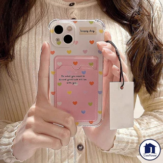 เคสแบบนุ่มพร้อมสายคล้องสำหรับใส่บัตรรูปหัวใจหลากสี เข้ากันได้กับ IPhone XR 15 11 12 14 16 13 Pro Max 7 8 Plus X XS Max