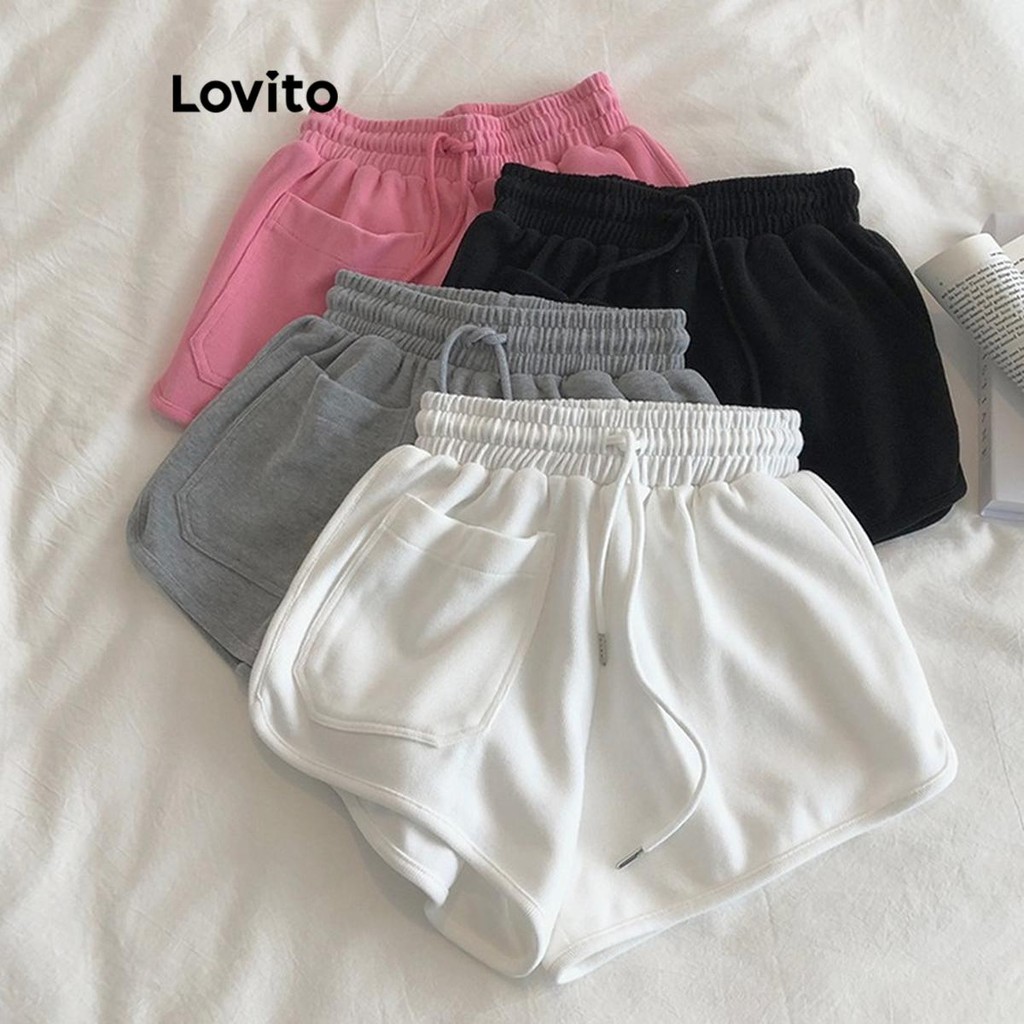 Lovito กางเกงขาสั้นผู้หญิง แบบเชือกรูด สีพื้น สไตล์ลำลอง LNA61079
