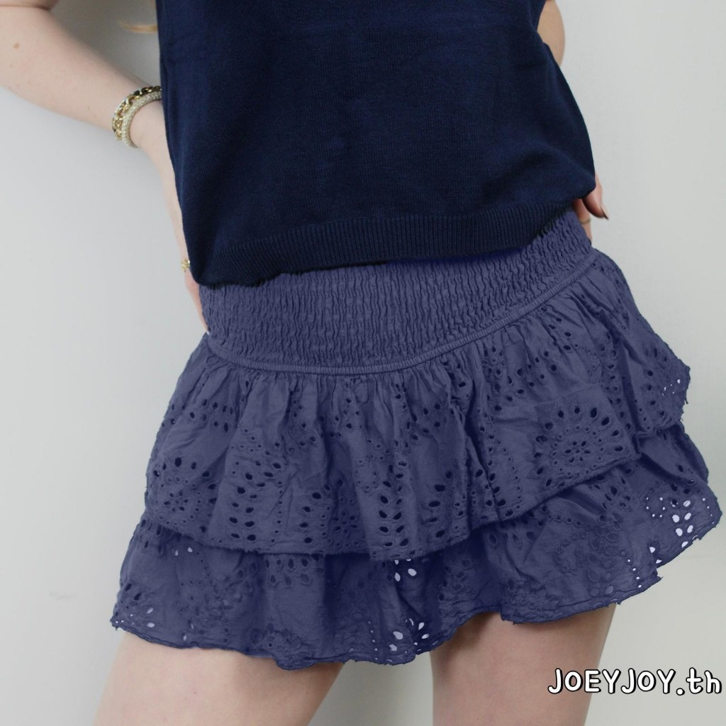 Joeyjoy-กระโปรงผู้หญิง Shirred Mini Skirt A-Line Pointelle กระโปรงเอวสูงระบายชั้น - รูปที่ 2