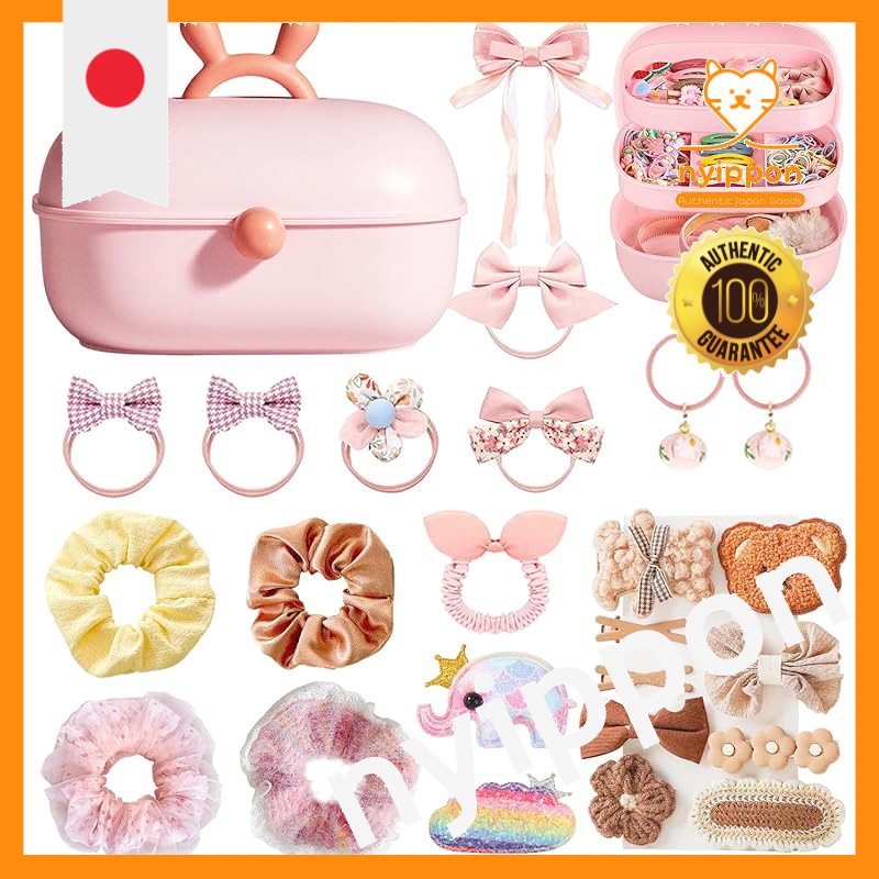Luxureux Girls' Hair Accessories Set - 3-Layer Case with 3D Stickers, Cute Hair Clips and Hair Ties 