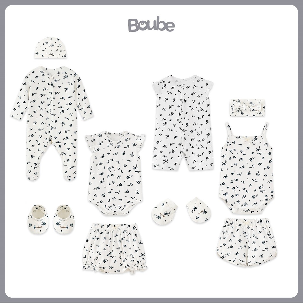 ชุดบอดี้สูทและอุปกรณ์เสริมสีขาวลายดอกไม้สําหรับเด็กแรกเกิดและเด็กทารกผู้หญิง โบube ผ้าคอตตอน