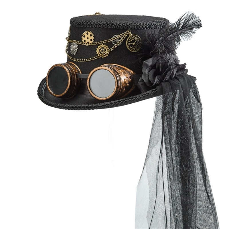 Whi Victorian Era Tall Hat Gothic Flower Detail Long Veil Goggles Hat สําหรับเครื่องแต่งกายกิจกรรม M