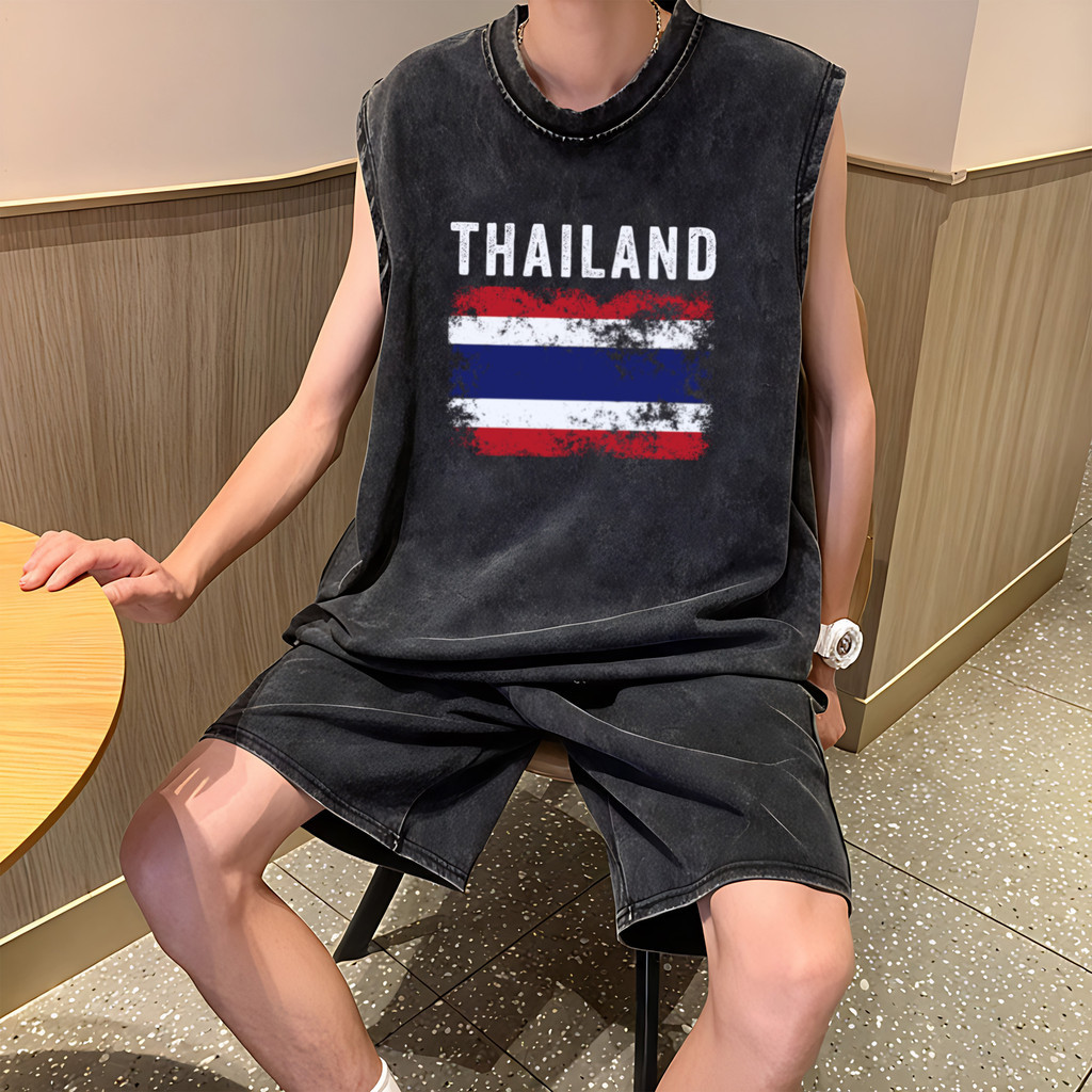 Y-T เสื้อกั๊กชาย เสื้อยืดแขนกุด ผ้าฝ้าย 100% พิสูจน์อีกครั้ง ผ้าเนื้อนุ่มสไตล์วินเทจ พิมพ์ลาย “THAIF” สไตล์สตรีท
