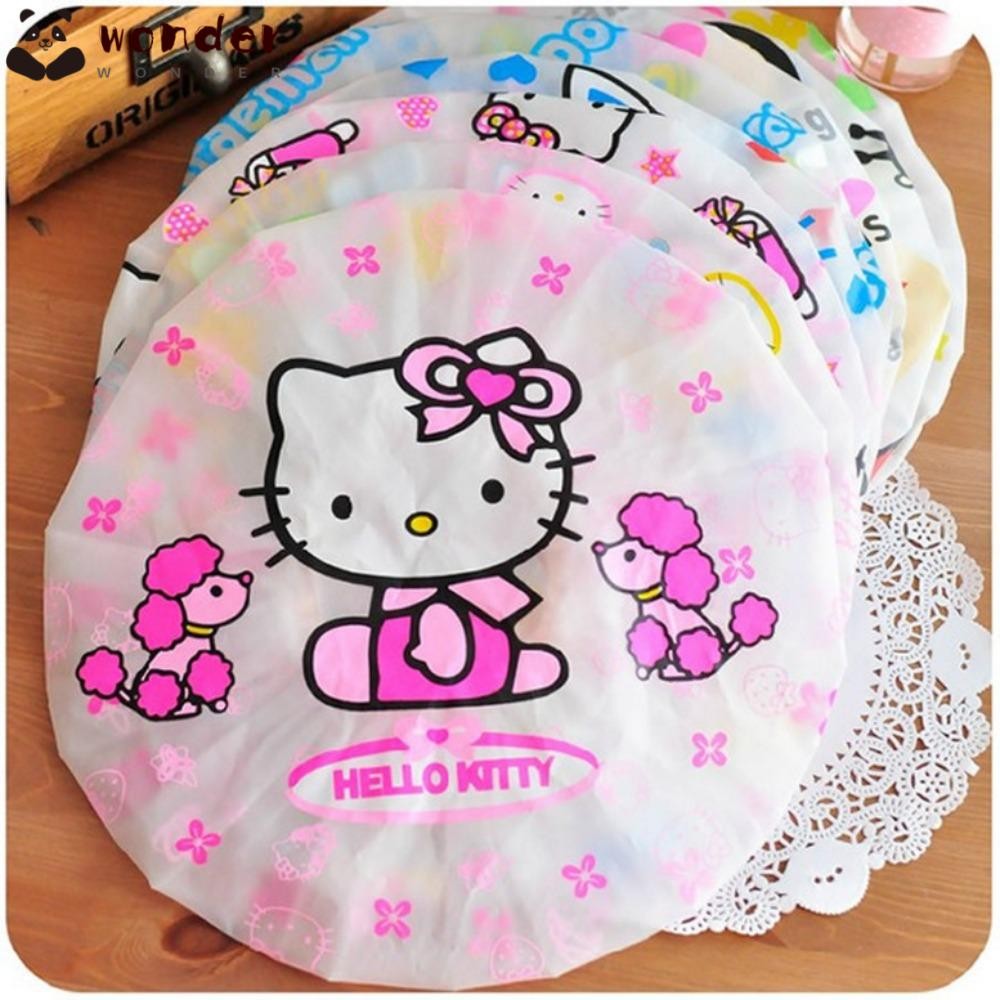 WONDER หมวกอาบน้ําผู้หญิง, Hello Kitty ญี่ปุ่นการ์ตูนหมวกอาบน้ําน่ารักยืดหยุ่นนํามาใช้ใหม่กันน้ําแชมพูหมวกห้องน้ําผลิตภัณฑ์