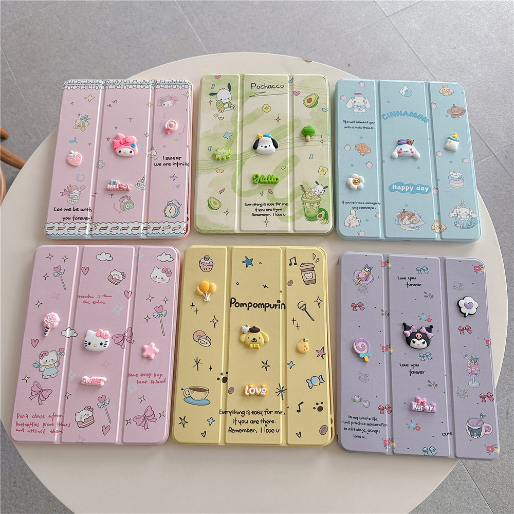 Ready Stock3Dการ์ตูนKuromiเด็กTripleพับPUหนังสําหรับiPad M2 M3 M4 M5 A17 Pro Air 2024 11th A16 2025 12.9 "13 "Mini 1 2 3 4 5 6 7 ขาตั้งฝาครอบกันกระแทก