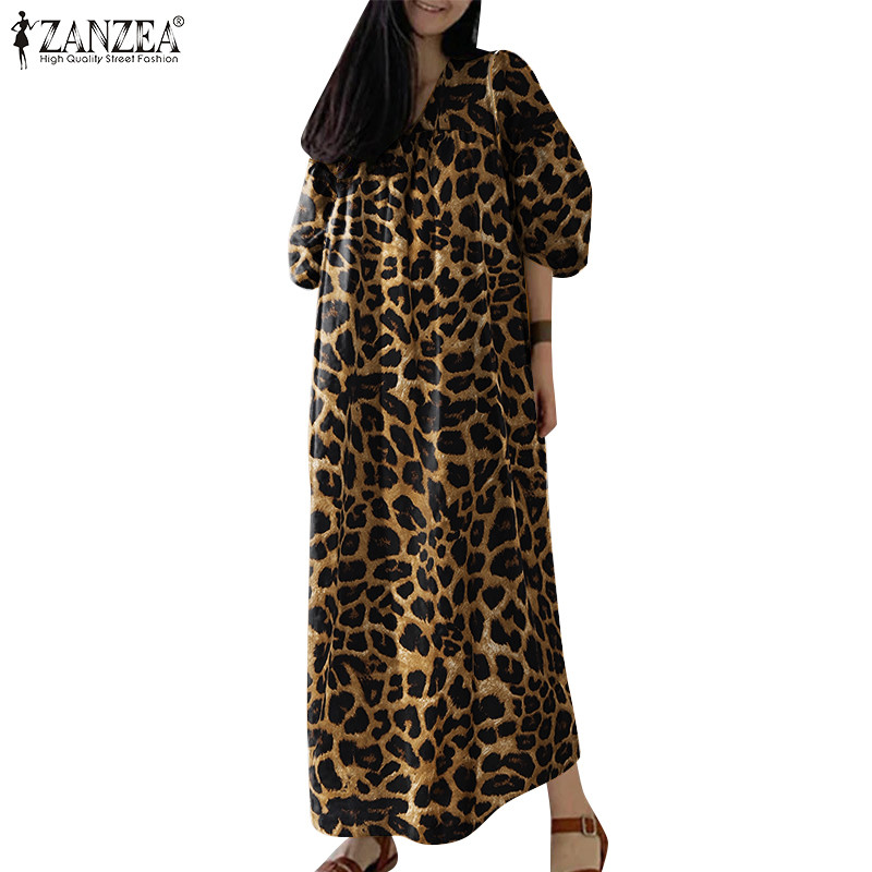 ZANZEA ชุดผู้หญิงแฟชั่นเกาหลี แขนยาว 3/4 พิมพ์ลายเสือดาว ทรงหลวม