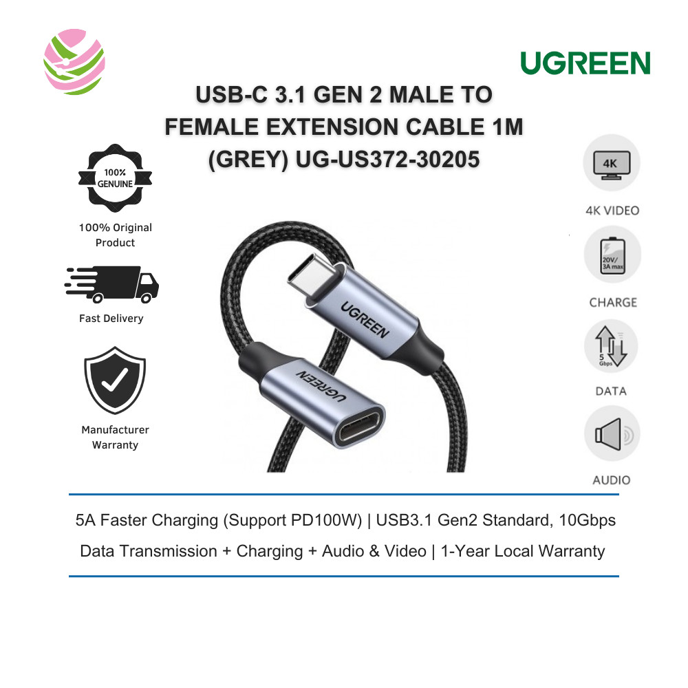 UGREEN USB-C 3.1 GEN 2 MALE TO FEMALE EXTENSION DATA CABLE 10GBPS 1M (GREY) UG-US372-30205