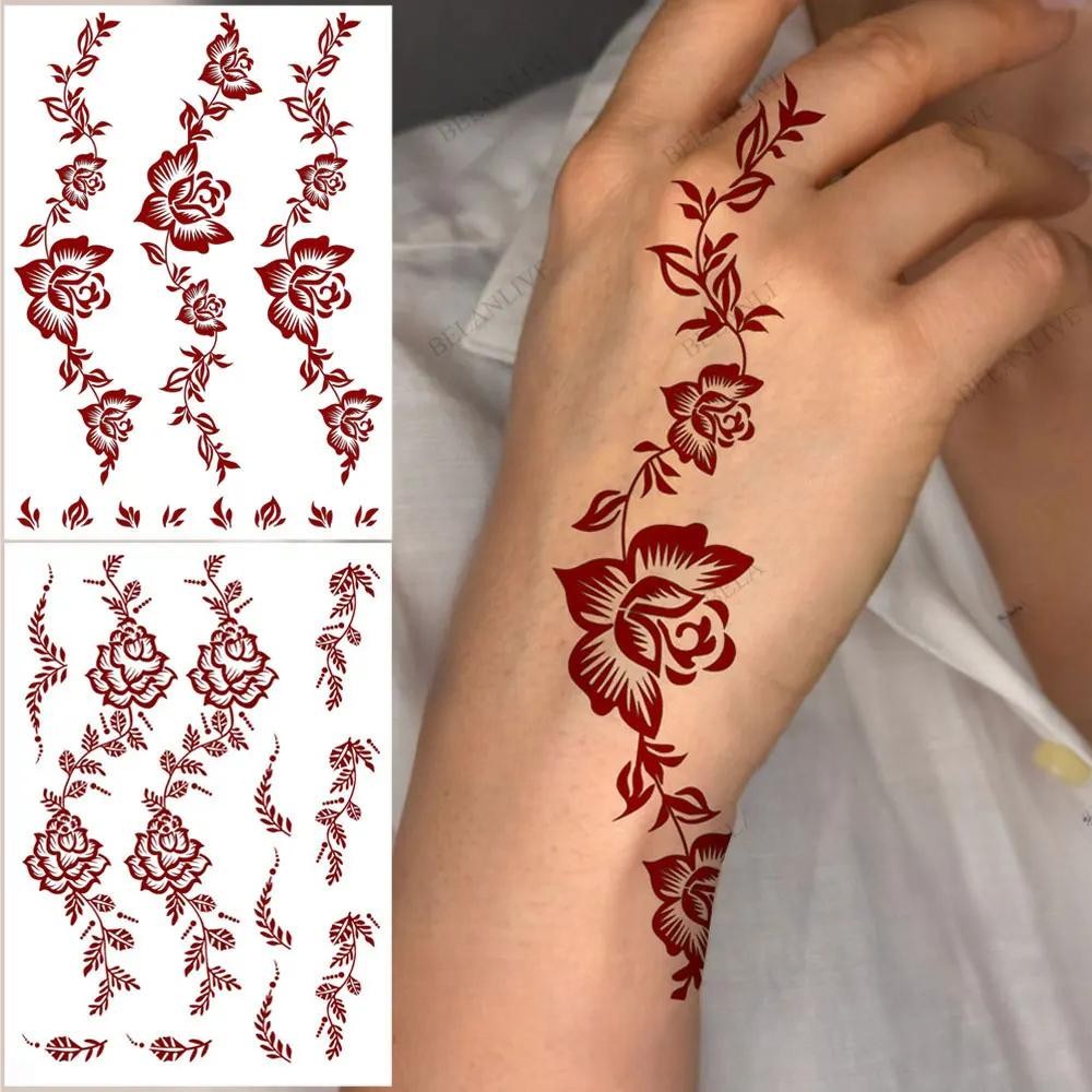 1 PC Maroon Henna Hand Tattoo กันน้ําชั่วคราว Tattoos ดอกไม้ Henna Tattoo สําหรับผู้หญิงเจ้าสาวงานแต