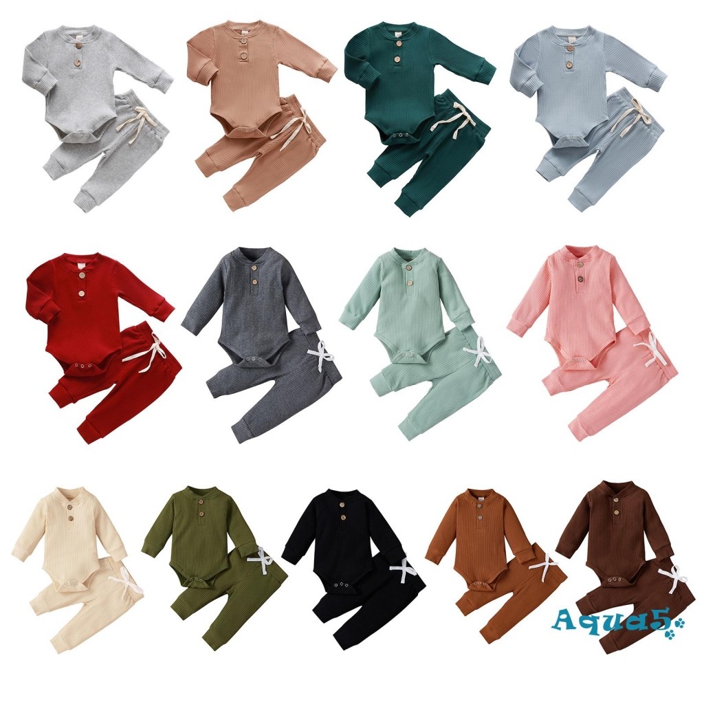 Aqq-กางเกงทารกแรกเกิด 2 ชิ้นชุดสีทึบ Ribbed แขนยาว Romper พร้อมกางเกงเอวยางยืดสําหรับฤดูใบไม้ผลิฤดูใบไม้ร่วง