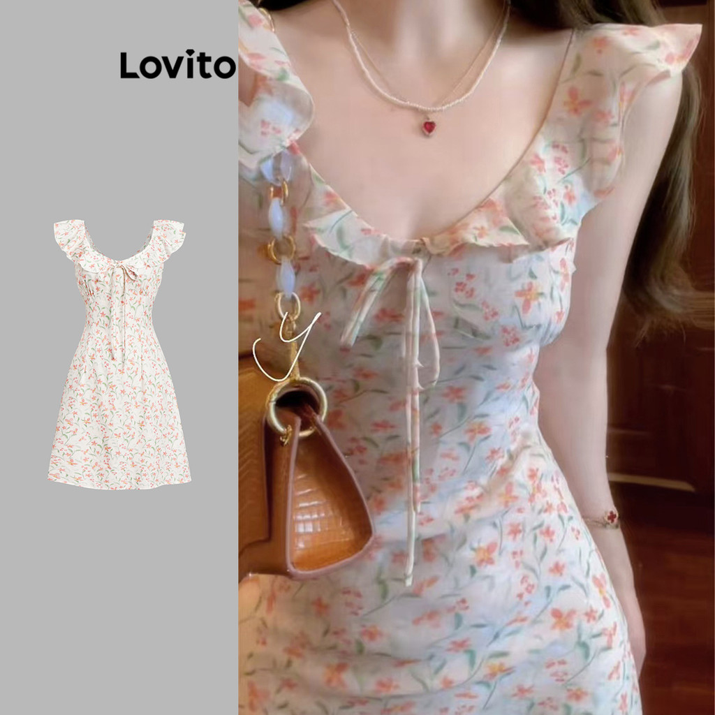 เดรสลายดอกไม้เล็กแต่งระบายที่คอผูกโบว์-DRB121MD578-SKC1869994893