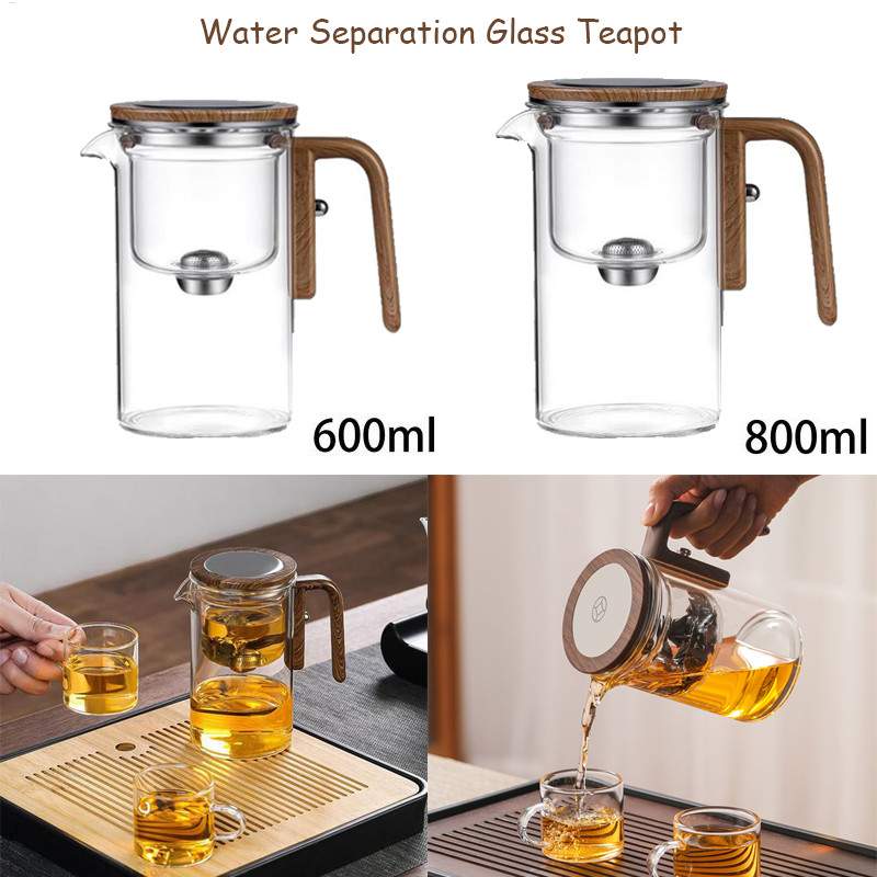 กาน้ําชาด้ามไม้แก้วชากาต้มน้ํากาน้ําชาแก้วทําด้วยมือพร้อม Infuser และด้ามไม้ที่สมบูรณ์แบบสําหรับ