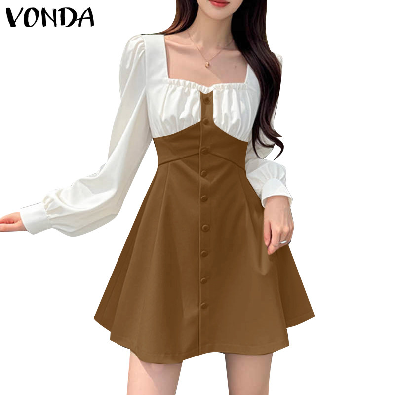 Vonda ผู้หญิงเกาหลีลําลองสีคมชัดสแควร์คอพัฟแขนเอวชุด A-Line