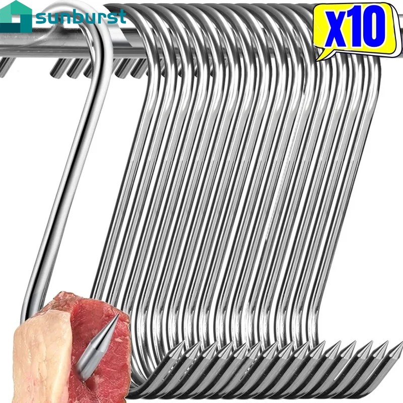 10 ชิ้นสแตนเลส S-shape Bacon Hooks - Home Storage Organization - Thicken เนื้อตะขอแขวน - Bacon Hams Smoker Hook - ตะขอปลายคม - สําหรับหมูไส้กรอกเบคอน