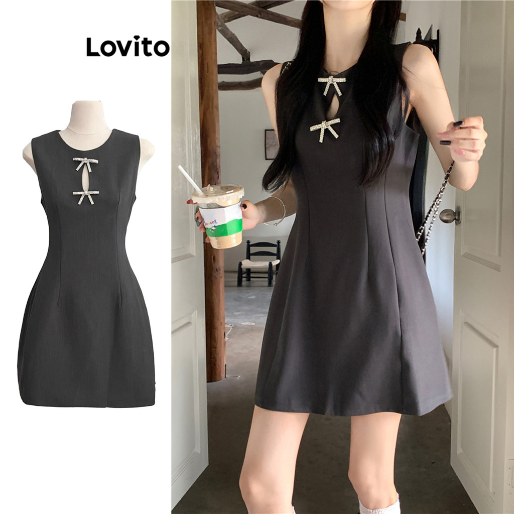 Lovito ชุดเดรสผู้หญิง สีพื้น แต่งโบว์ สไตล์ลำลอง LNA71481