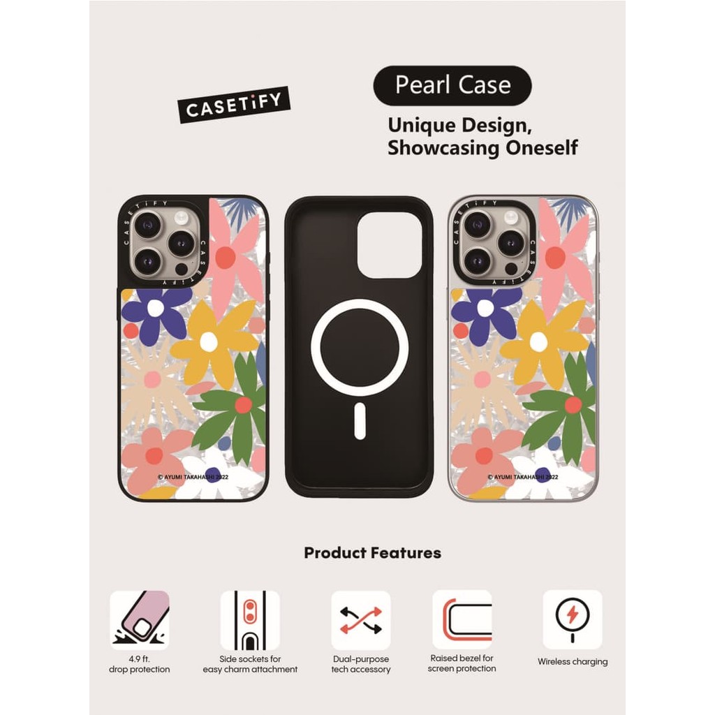 Casetify Xการ์ตูนดอกไม้กรณีแม่เหล็กดูดBlack & SliverกรณีIPhone 16 15 14 13 12 Pro Max Plus Hardกลับกรณีพร้อมกล่องแกะสลักโลโก้