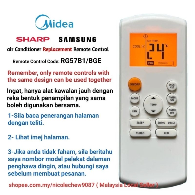 เข้ากันได้กับ Sharp / Midea / Samsung รีโมทคอนโทรลทดแทนเครื่องปรับอากาศ RG57B / RG57A