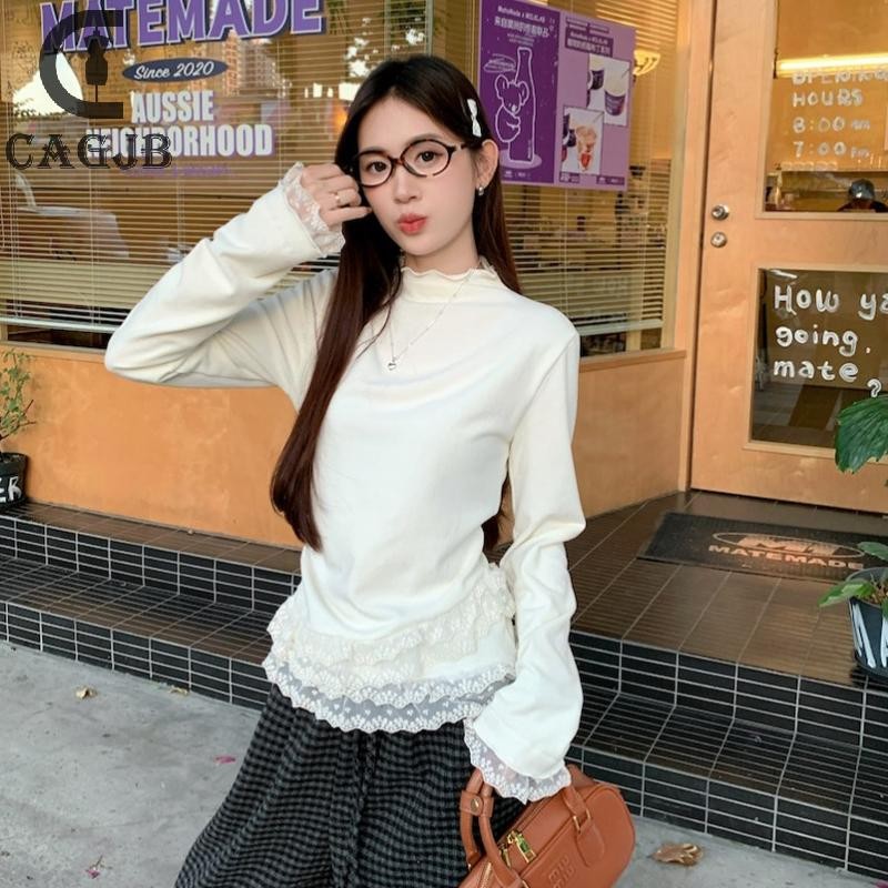 [SSNE] เกาหลีหวานลูกไม้ Ruffled แผงรอบคอแขนยาวเสื้อยืดบางสําหรับผู้หญิง UOM