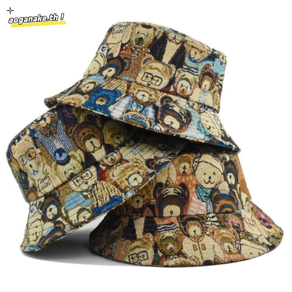 AOGANAKE หมวกชาวประมง Jacquard ผ้ากัญชาผ้าฝ้ายพับได้ หมวกชายคาหมีน้อยกลางแจ้ง