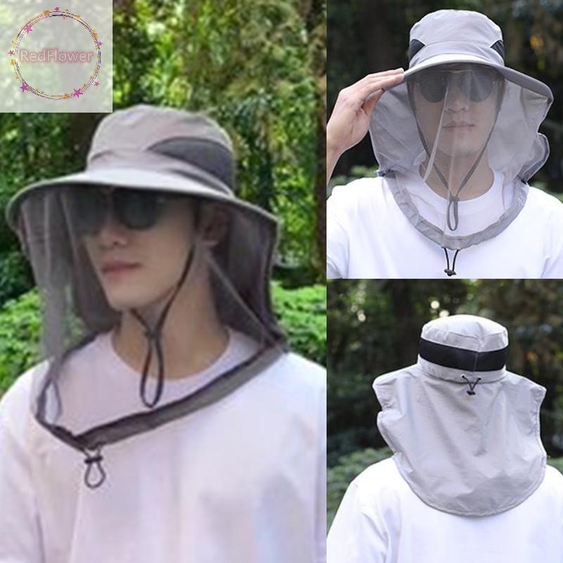 หมวกปีกกว้างสำหรับกลางแจ้ง หมวกกันยุงพร้อมตาข่ายไล่แมลง หมวกตกปลาผู้ชาย RedFlower TH