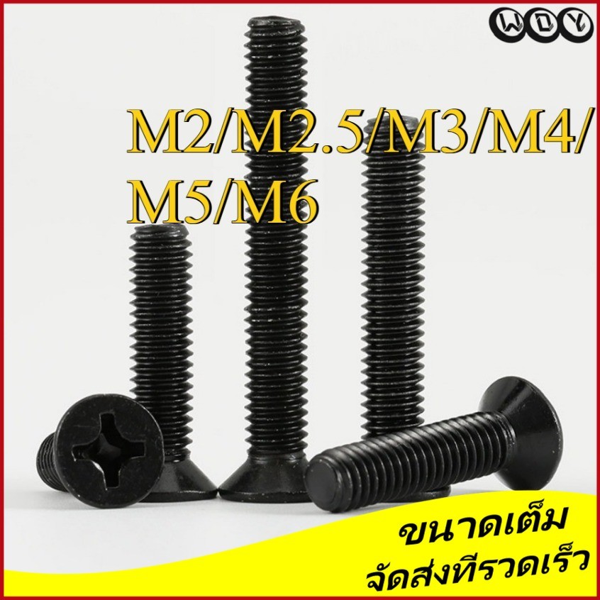 น็อต สกรู หัวเตเปอร์ แฉก F+ สีดํา สแตนเลส 304 เกลียวมิล หยาบ/Flat Head Phillip Machine Screw M2/M2.5/M3/M4/M5/M6 * L3-50mm (WDY-YL-TH-w) ราคา ถูกที่สุด ดีลบีเคเค