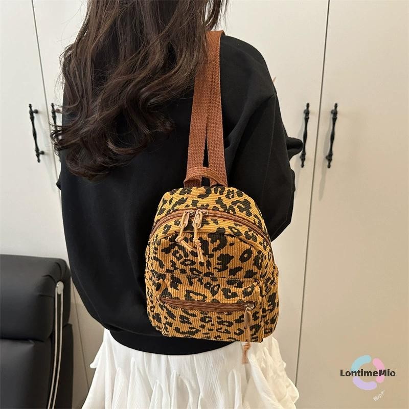 LontimeMio] Women Leopard Mini Backpack Multi-Pockets Corduroy Leopard Print Sling Bag Retro Leopard