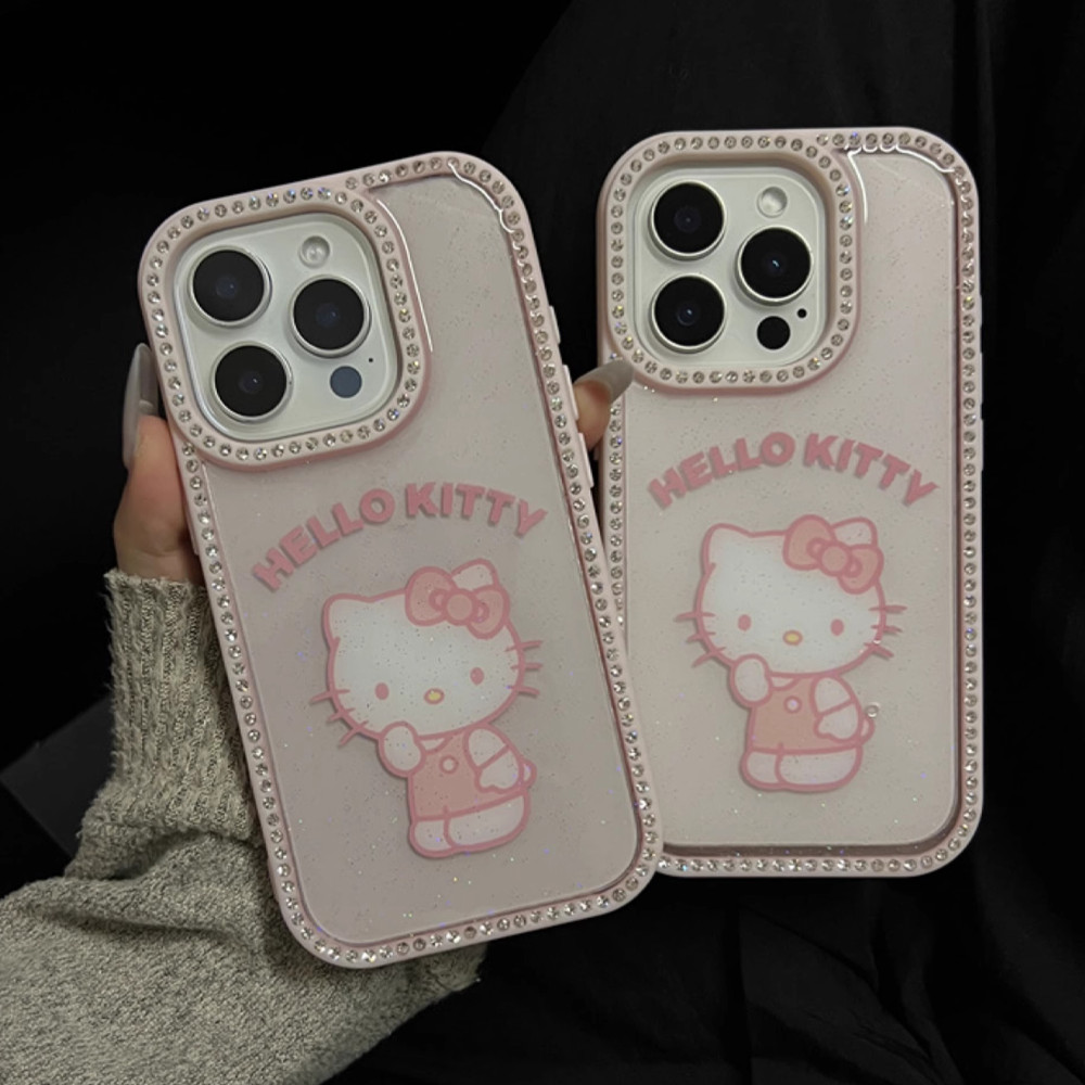 สําหรับiphone 14 Pro Max Iphoneกรณีการ์ตูนน่ารักHello Kittyสายรัดข้อมือสร้อยข้อมือกรณีThickenอะคริลิคเคสแข็งเงาเพชรกล้องป้องกันกรณีสําหรับIPhone 16 15 14 13 Pro Max
