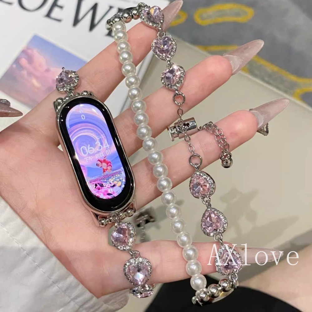 Diamond Love Heart สําหรับ Xiaomi Mi 10 9 8 7 Pro 6 5 4 3 สร้อยข้อมือโลหะสําหรับ Mi Band 9 8 active เครื่องประดับอุปกรณ์เสริม