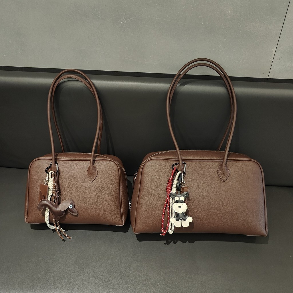 F First Layer Cowhide Boston Pillow Bag Korean Niche Underarm Bag Large Capacity Tote Bag Commuter Shoulder Handbag