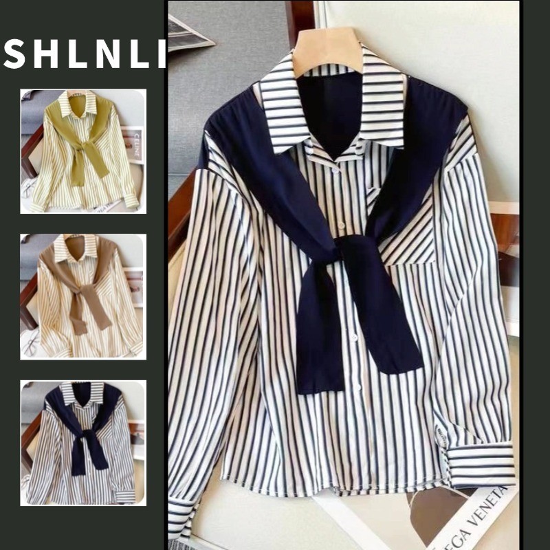 เสื้อเชิ้ตคอปกโปโลลายทาง สไตล์วิทยาลัยสำหรับผู้หญิง ฤดูใบไม้ผลิและฤดูร้อน แขนยาว ทรงหลวม อเนกประสงค์