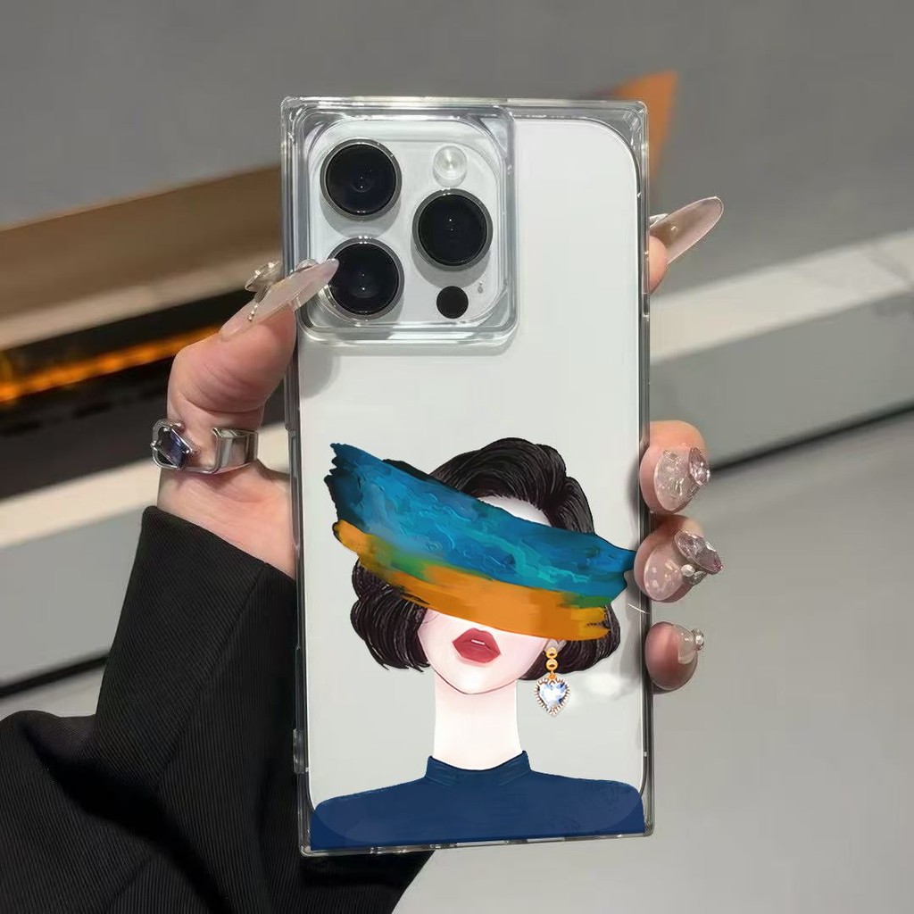 [เคสสี่เหลี่ยม] Blindfolded Girl เหมาะสําหรับ Apple 16ProMax/15/14 Square Soft Rubber Influencer iPhone13/12 เคสโทรศัพท์