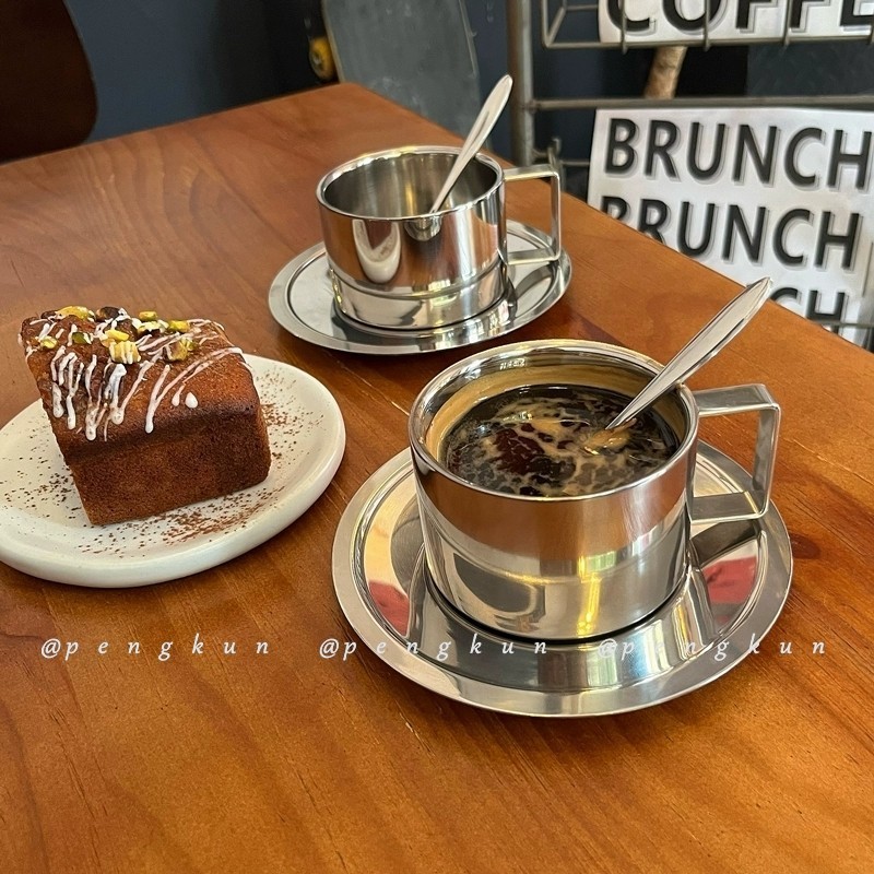 Niche ins สไตล์ถ้วยกาแฟสแตนเลสน้ําชายามบ่ายเย็นอเมริกันลาเต้ถ้วยกาแฟจานรองชุด Retro ประณีต ราคา ถูกที่สุด ดีลบีเคเค แกลเลอรีภาพที่ 3