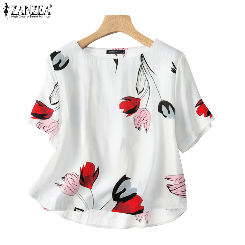 ZANZEA ซานเซีย ผู้หญิงแฟชั่นเกาหลีคอกลมแขนสั้นพิมพ์ลายดอกไม้เสื้อบาง