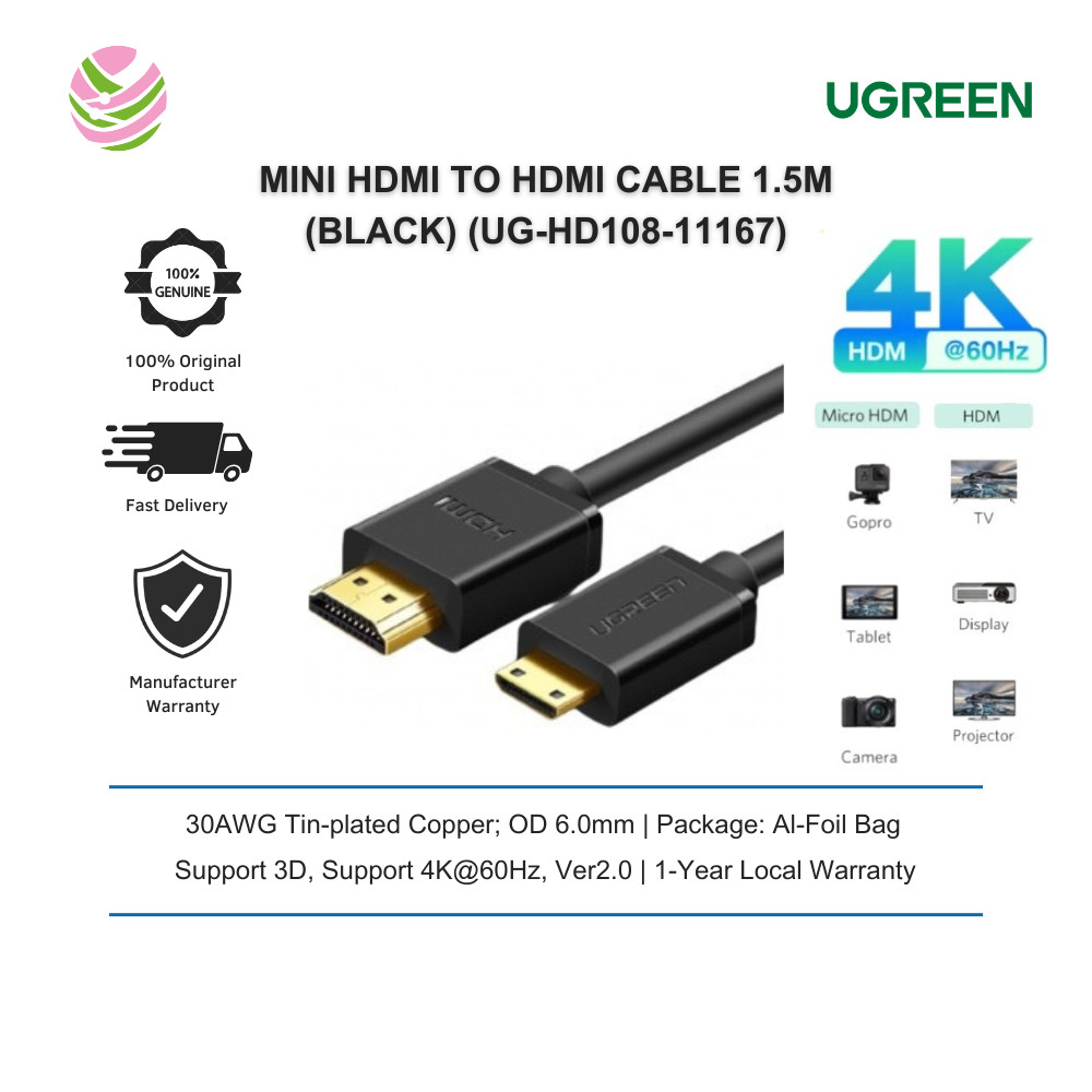 UGREEN MINI HDMI TO HDMI CABLE รองรับ 3D, รองรับ 4K@60Hz, Ver2.0 1.5M (สีดํา) UG-HD108-11167