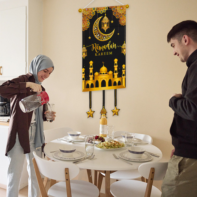 2025 Ramadan Kareem แขวนธง - ตกแต่ง Eid Mubarak - ผนังประตูแบนเนอร์ขนาดใหญ่แขวนเครื่องประดับ - คลาสสิก Star Moon พิมพ์ธงตกแต่ง - บ้านอิสลามเทศกาลมุสลิม Party Decor