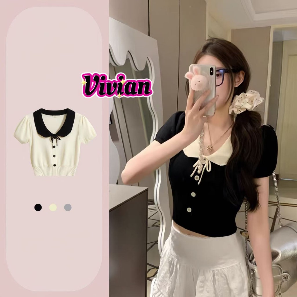 Vivian พร้อมส่ง เสื้อยืดไหมพรมแขนสั้น คอปกสีตัดกัน ครอบตัดด้านบน สลิมฟิต ใส่สบาย สไตล์ลำลอง#83228