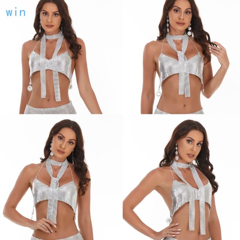 Win Womens Sequins Crop Tops แขนกุด Halter Neck Tank Tops Vest Clubwear