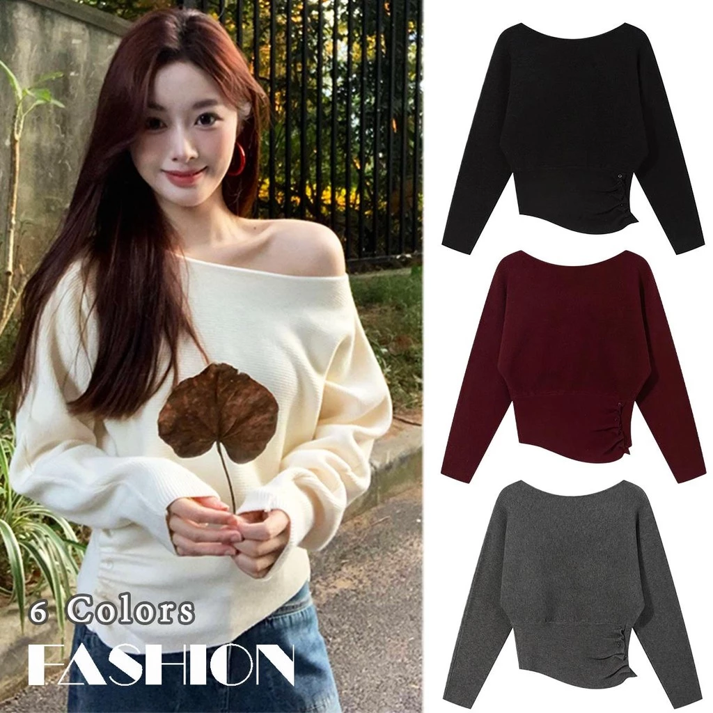 KOKO❤️เสื้อสเวตเตอร์แขนยาวไหล่เดียวสีแดงปีใหม่สำหรับผู้หญิง ปิดไหล่ กระชับเอว แขนค้างคาวหลวมๆ#V114