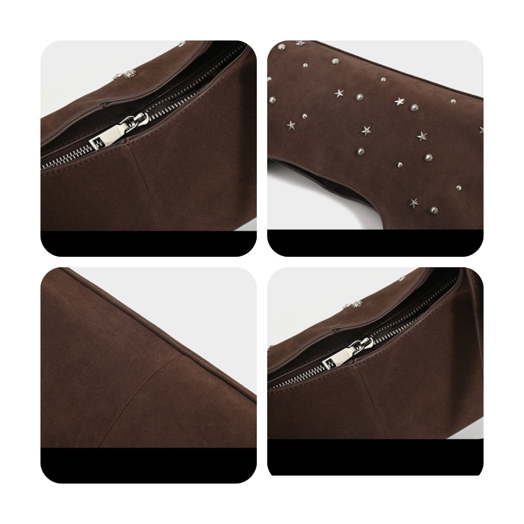 TRENDY  POUCH     กระเป๋าหนังกลับ กระเป๋าสะพาย suede bag สีน้ำตาล  ดวงดาว  ย้อนยุค  ผู้หญิง
