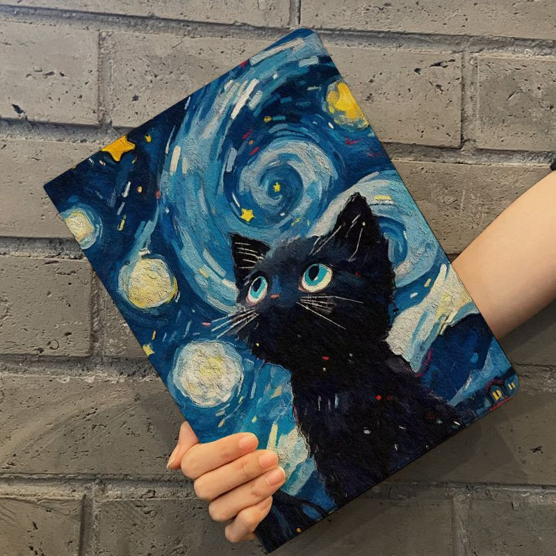 เคสป้องกัน iPad 10th Generation Air4 Air5 10.9 ภาพวาดสีน้ํามัน Starry Sky Black Cat พร้อมช่องเสียบปากกา Gen7/8/9 10.2 Pro11 2018/2020/2021/2022 Air6 Flip Cover Anti Drop กรณีแท็บเล็ต