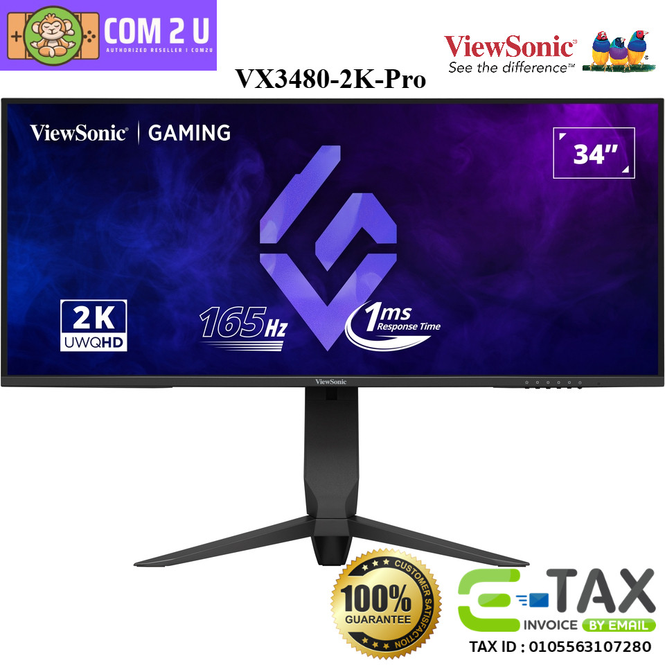 ViewSonic VX3480-2K-PRO 34" VA WQHD 21:9 Gaming Monitor, 165Hz, 1ms, AMD FreeSync™ Premium, HDMI, DP