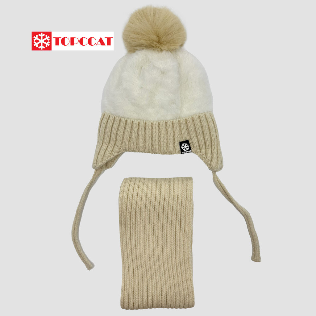 TOPCOAT เซ็ทกันหนาวหมวกพร้อมผ้าพันคอสำหรับเด็ก ดีไซน์บุขนจุกเฟอร์ ผ้านิ่ม ใส่สบาย (1 เซ็ท) Freesize