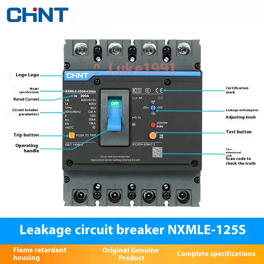 เบรกเกอร์ป้องกันไฟรั่ว CHNT Kunlun NXMLE-125S 4300A 160S 250S 400S 630S 4P